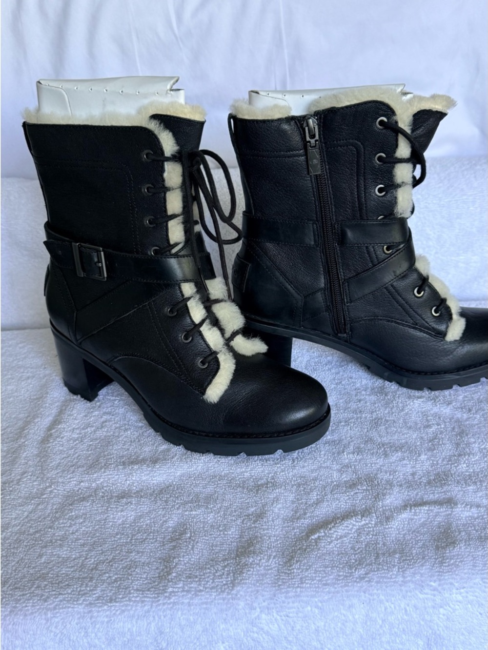 UGG Black Leather Shearling-Trim Lace-Up Mid-Calf Boots